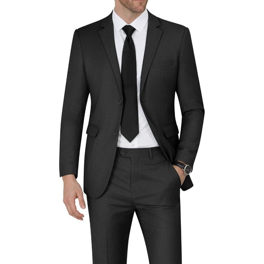 Men's Dark Black Single Breasted Peak Lapel 2 Piece Two Button Blazer Wedding